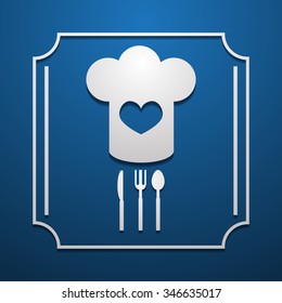 Chef hat sign icon Cooking symbol Cooks hat with fork and spoon blue poster with icon Vector eps 10