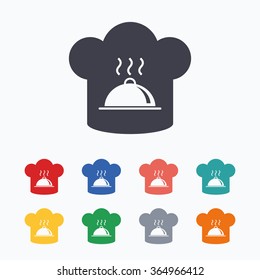Chef hat sign icon. Cooking symbol. Cooks hat with hot dish. Colored flat icons on white background.