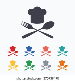 Chef hat sign icon. Cooking symbol. Cooks hat with fork and spoon. Colored flat icons on white background.