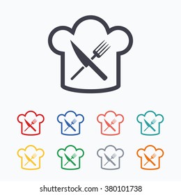 Chef hat sign icon. Cooking symbol. Cooks hat with fork and knife. Colored flat icons on white background.