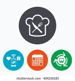 Chef hat sign icon. Cooking symbol. Cooks hat with fork and knife. Mobile payments, calendar and wifi icons. Bus shuttle.