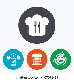Chef hat sign icon. Cooking symbol. Cooks hat with fork and knife. Mobile payments, calendar and wifi icons. Bus shuttle.