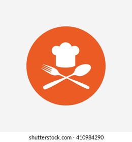 Chef hat sign icon. Cooking symbol. Cooks hat with fork and spoon. Orange circle button with icon. Vector