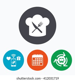 Chef hat sign icon. Cooking symbol. Cooks hat with fork and knife. Mobile payments, calendar and wifi icons. Bus shuttle.