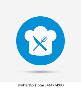 Chef hat sign icon. Cooking symbol. Cooks hat with fork and knife. Blue circle button with icon. Vector
