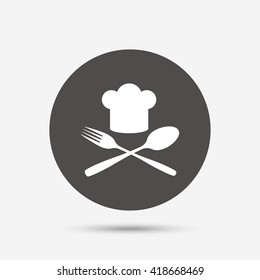 Chef hat sign icon. Cooking symbol. Cooks hat with fork and spoon. Gray circle button with icon. Vector