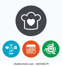 Chef hat sign icon. Cooking symbol. Cooks hat with heart love. Mobile payments, calendar and wifi icons. Bus shuttle.