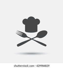 Chef hat sign icon. Cooking symbol. Cooks hat with fork and spoon. Flat cook web icon on white background. Vector