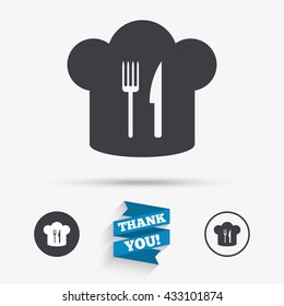 Chef hat sign icon. Cooking symbol. Cooks hat with fork and knife. Flat icons. Buttons with icons. Thank you ribbon. Vector