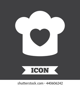 Chef hat sign icon. Cooking symbol. Cooks hat with heart love. Graphic design element. Flat cooking symbol on dark background. Vector