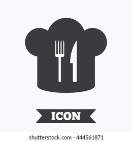 Chef hat sign icon. Cooking symbol. Cooks hat with fork and knife. Graphic design element. Flat restaurant symbol on white background. Vector