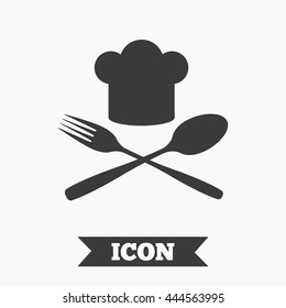 Chef hat sign icon. Cooking symbol. Cooks hat with fork and spoon. Graphic design element. Flat cook symbol on white background. Vector