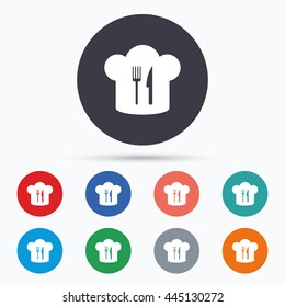 Chef hat sign icon. Cooking symbol. Flat restaurant icon. Circle buttons with food icon. Vector