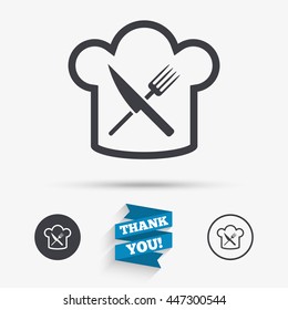 Chef hat sign icon. Cooking symbol. Cooks hat with fork and knife. Flat icons. Buttons with icons. Thank you ribbon. Vector
