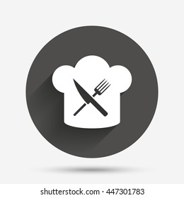 Chef hat sign icon. Cooking symbol. Cooks hat with fork and knife. Circle flat button with shadow. Vector