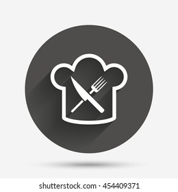 Chef hat sign icon. Cooking symbol. Cooks hat with fork and knife. Circle flat button with shadow. Vector