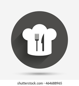 Chef hat sign icon. Cooking symbol. Cooks hat with fork and knife. Circle flat button with shadow. Vector