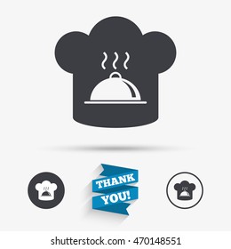 Chef hat sign icon. Cooking symbol. Cooks hat with hot dish. Flat icons. Buttons with icons. Thank you ribbon. Vector