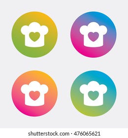 Chef hat sign icon. Cooking symbol. Cooks hat with heart love. Gradient flat buttons with icon. Modern design. Vector