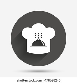 Chef hat sign icon. Cooking symbol. Cooks hat with hot dish. Circle flat button with shadow. Vector