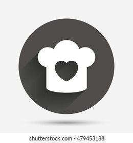 Chef hat sign icon. Cooking symbol. Cooks hat with heart love. Circle flat button with shadow. Vector