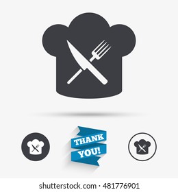 Chef hat sign icon. Cooking symbol. Cooks hat with fork and knife. Flat icons. Buttons with icons. Thank you ribbon. Vector