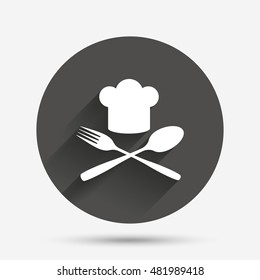Chef hat sign icon. Cooking symbol. Cooks hat with fork and spoon. Circle flat button with shadow. Vector