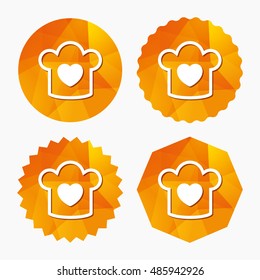 Chef hat sign icon. Cooking symbol. Cooks hat with heart love. Triangular low poly buttons with flat icon. Vector