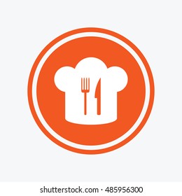 Chef hat sign icon. Cooking symbol. Cooks hat with fork and knife. Graphic design element. Flat restaurant symbol on the round button. Vector
