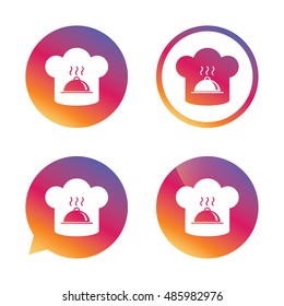 Chef hat sign icon. Cooking symbol. Cooks hat with hot dish. Gradient buttons with flat icon. Speech bubble sign. Vector