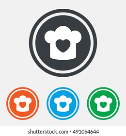 Chef hat sign icon. Cooking symbol. Cooks hat with heart love. Graphic design web element. Flat cooking symbol on the round button. Vector