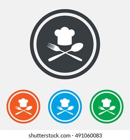 Chef hat sign icon. Cooking symbol. Cooks hat with fork and spoon. Graphic design web element. Flat cook symbol on the round button. Vector