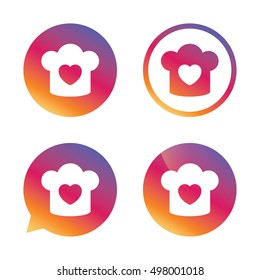 Chef hat sign icon. Cooking symbol. Cooks hat with heart love. Gradient buttons with flat icon. Speech bubble sign. Vector