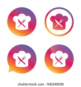 Chef hat sign icon. Cooking symbol. Cooks hat with fork and knife. Gradient buttons with flat icon. Speech bubble sign. Vector