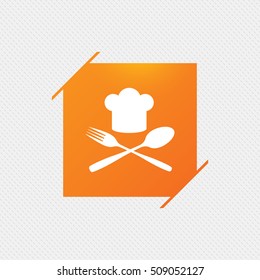Chef hat sign icon. Cooking symbol. Cooks hat with fork and spoon. Orange square label on pattern. Vector