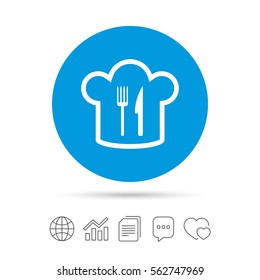 Chef hat sign icon. Cooking symbol. Cooks hat with fork and knife. Copy files, chat speech bubble and chart web icons. Vector