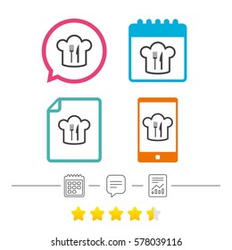 Chef hat sign icon. Cooking symbol. Cooks hat with fork and knife. Calendar, chat speech bubble and report linear icons. Star vote ranking. Vector