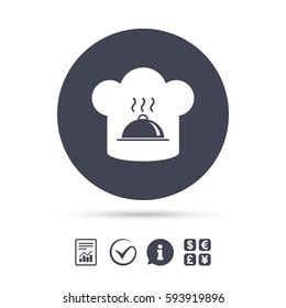 Chef hat sign icon. Cooking symbol. Cooks hat with hot dish. Report document, information and check tick icons. Currency exchange. Vector