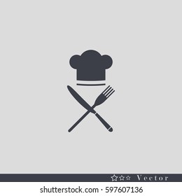 Chef hat sign icon. Cooking symbol. Cooks hat with fork and spoon.