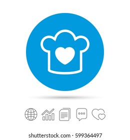 Chef hat sign icon. Cooking symbol. Cooks hat with heart love. Copy files, chat speech bubble and chart web icons. Vector