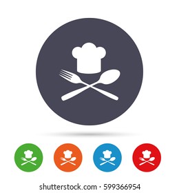 Chef hat sign icon. Cooking symbol. Cooks hat with fork and spoon. Round colourful buttons with flat icons. Vector