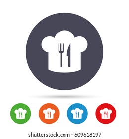 Chef hat sign icon. Cooking symbol. Cooks hat with fork and knife. Round colourful buttons with flat icons. Vector