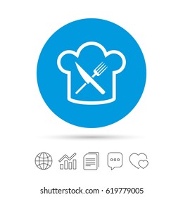 Chef hat sign icon. Cooking symbol. Cooks hat with fork and knife. Copy files, chat speech bubble and chart web icons. Vector