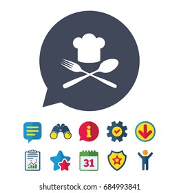 Chef hat sign icon. Cooking symbol. Cooks hat with fork and spoon. Information, Report and Speech bubble signs. Binoculars, Service and Download, Stars icons. Vector