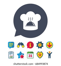 Chef hat sign icon. Cooking symbol. Cooks hat with hot dish. Information, Report and Speech bubble signs. Binoculars, Service and Download, Stars icons. Vector