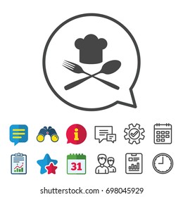 Chef hat sign icon. Cooking symbol. Cooks hat with fork and spoon. Information, Report and Calendar signs. Group, Service and Chat line icons. Vector