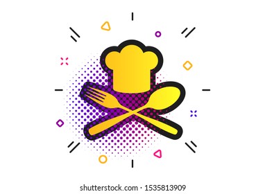 Chef hat sign icon. Halftone dots pattern. Cooking symbol. Cooks hat with fork and spoon. Classic flat cook icon. Vector