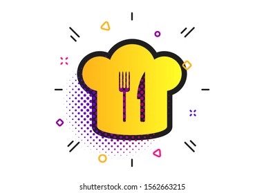 Chef hat sign icon. Halftone dots pattern. Cooking symbol. Cooks hat with fork and knife. Classic flat restaurant icon. Vector