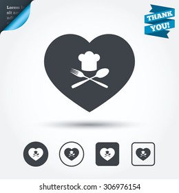 Chef hat sign icon. Love Cooking symbol. Cooks hat with fork and spoon. Circle and square buttons. Flat design set. Thank you ribbon. Vector