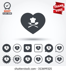 Chef hat sign icon. Love Cooking symbol. Cooks hat with fork and spoon. Circle, star, speech bubble and square buttons. Award medal with check mark. Thank you. Vector